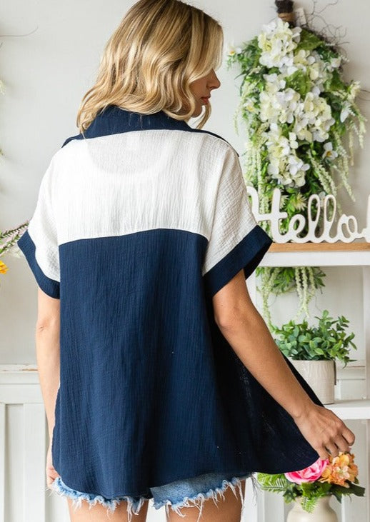 USA Made 100% Cotton Ladies Color Block Mixed Material Relaxed Fit Button Down Shirt with Collar in Navy & White | Classy Cozy Cool Women's American Clothing Boutique