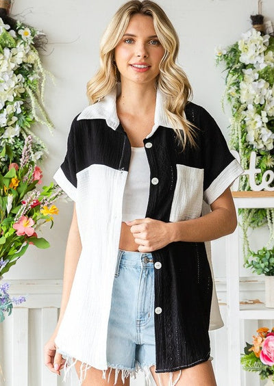 USA Made 100% Cotton Ladies Color Block Mixed Material Relaxed Fit Button Down Shirt with Collar in Black & White | Classy Cozy Cool Women's American Clothing Boutique