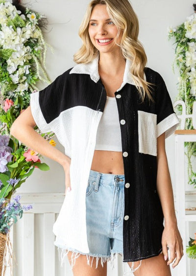 USA Made 100% Cotton Ladies Color Block Mixed Material Relaxed Fit Button Down Shirt with Collar in Black & White | Classy Cozy Cool Women's American Clothing Boutique