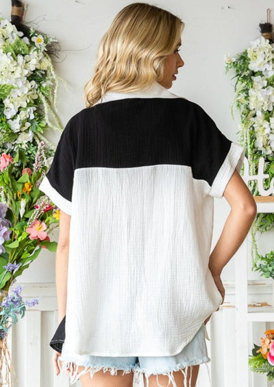 USA Made 100% Cotton Ladies Color Block Mixed Material Relaxed Fit Button Down Shirt with Collar in Black & White | Classy Cozy Cool Women's American Clothing Boutique
