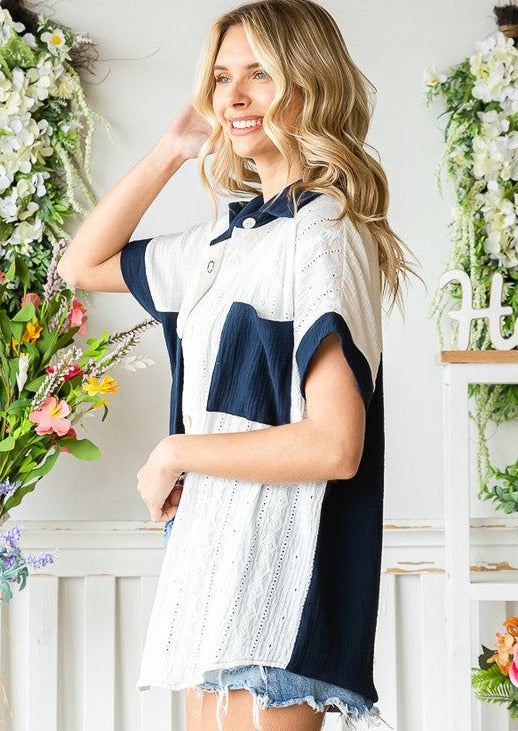 USA Made 100% Cotton Ladies Color Block Mixed Material Relaxed Fit Button Down Shirt with Collar in Navy & White | Classy Cozy Cool Women's American Clothing Boutique