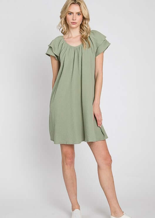 USA Made Women's Soft Mineral Washed Light Olive Relaxed Fit Washed Cotton Mini Dress with  Side Pockets and Double Ruffle Sleeves | Classy Cozy Cool Made in America Boutique