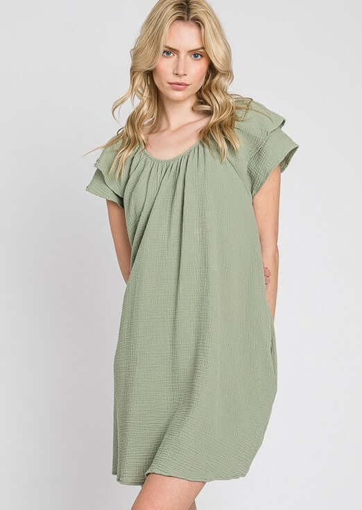USA Made Women's Soft Mineral Washed Light Olive Relaxed Fit Washed Cotton Mini Dress with  Side Pockets and Double Ruffle Sleeves | Classy Cozy Cool Made in America Boutique