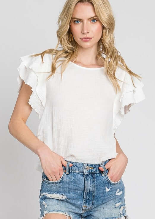 USA Made Premium 100% Cotton Double Ruffle Sleeve Cotton Gauze Top in White | Made in America Clothing Boutique