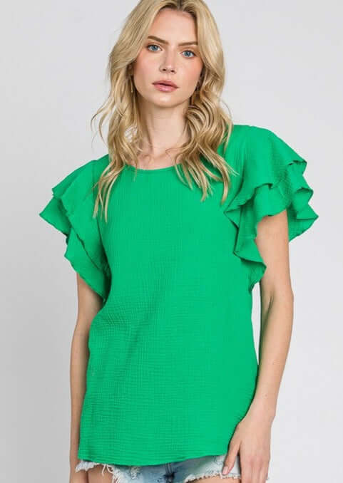 USA Made Premium 100% Cotton Double Ruffle Sleeve Cotton Gauze Top in Emerald Green | Made in America Clothing Boutique