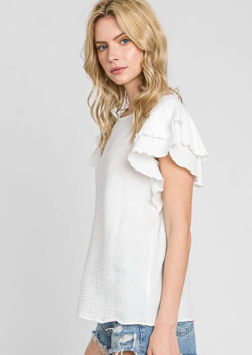 USA Made Premium 100% Cotton Double Ruffle Sleeve Cotton Gauze Top in White | Made in America Clothing Boutique