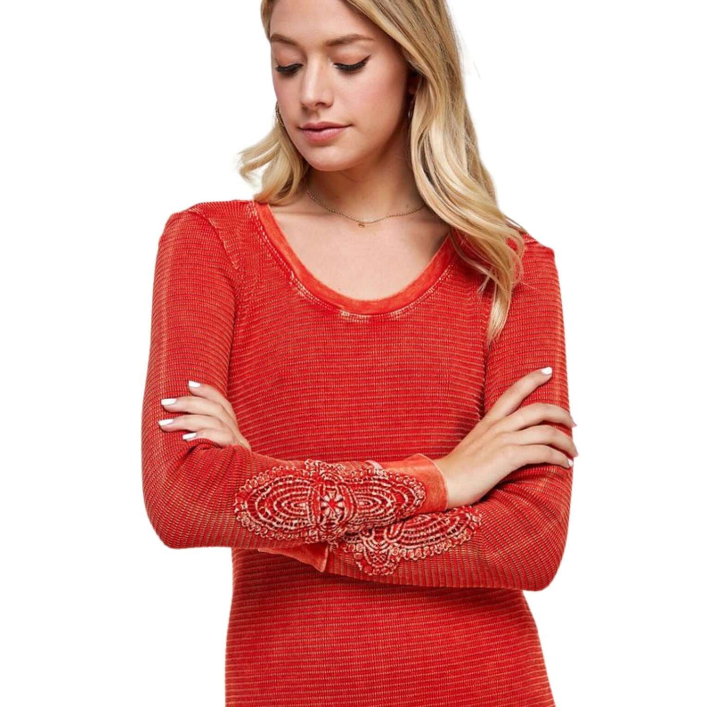 USA Made Ladies Vintage Textured Thermal Crochet Cuff Long Sleeve Cotton Blend Mini Dress in Tomato Red | Classy Cozy Cool Women's Made in America Clothing Boutique