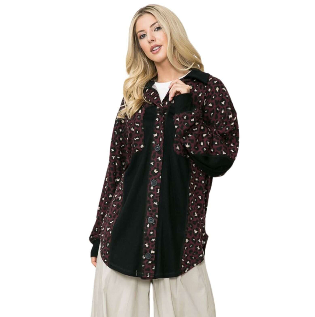 Burgundy and Black Ladies Leopard Print Super Soft Lightweight Soft Brushed Button Down Shirt Jacket with Color Block Detail in Made in USA | Women's American Made Boutique