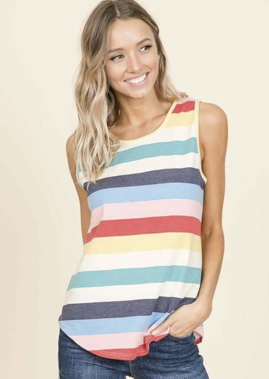 Made in USA Ladies Sleeveless Casual Tank Top, Striped Detail, Round Neckline, Longer Length, Rounded Hem in Colorful Pattern | Classy Cozy Cool Made in America Boutique