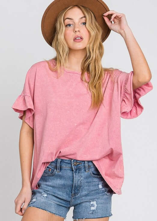 USA Made Premium 100% Cotton Super Soft Mineral Washed Oversized Ladies Tee with   Ruffle Sleeves in Pink | Made in America Clothing Boutique