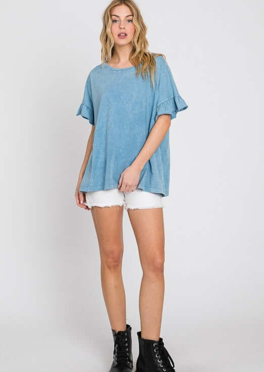 USA Made Premium 100% Cotton Super Soft Mineral Washed Oversized Ladies Tee with   Ruffle Sleeves in Blue | Made in America Clothing Boutique