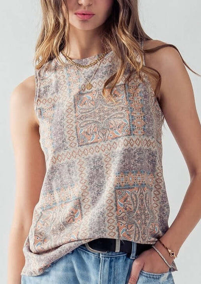 Made in USA Super Soft Ladies Vintage Bohemian Print High Neck Sleeveless Top | Classy Cozy Cool Made in America Boutique