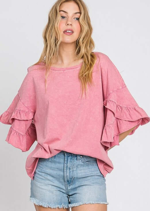 USA Made Premium 100% Cotton Super Soft Mineral Washed Oversized Ladies Tee with  Exaggerated Tulip Ruffle Sleeves in Pink | Made in America Clothing Boutique