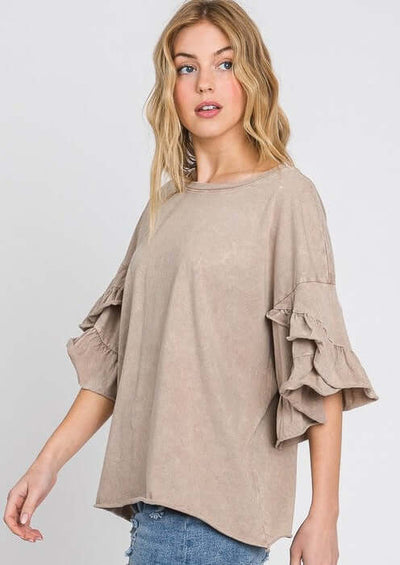 USA Made Premium 100% Cotton Super Soft Mineral Washed Oversized Ladies Tee with  Exaggerated Tulip Ruffle Sleeves in Taupe | Classy Cozy Cool Women's Made in America Clothing Boutique