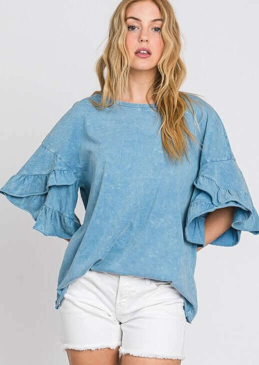 USA Made Premium 100% Cotton Super Soft Mineral Washed Oversized Ladies Tee with  Exaggerated Tulip Ruffle Sleeves in Steele Blue | Classy Cozy Cool Women's Made in America Clothing Boutique
