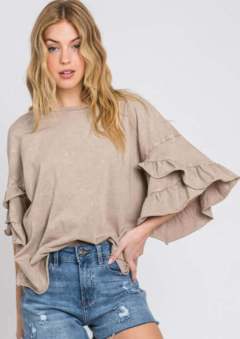USA Made Premium 100% Cotton Super Soft Mineral Washed Oversized Ladies Tee with  Exaggerated Tulip Ruffle Sleeves in Taupe | Classy Cozy Cool Women's Made in America Clothing Boutique