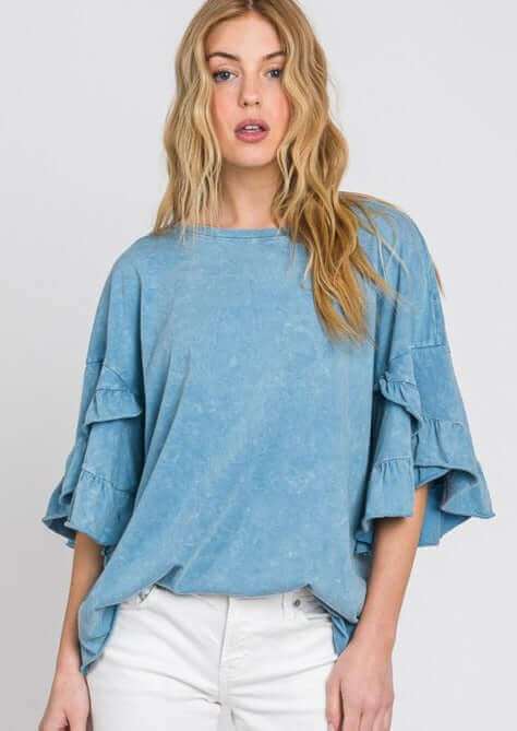 USA Made Premium 100% Cotton Super Soft Mineral Washed Oversized Ladies Tee with  Exaggerated Tulip Ruffle Sleeves in Steele Blue | Classy Cozy Cool Women's Made in America Clothing Boutique