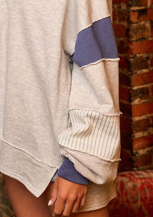Brand: Bucket List Style# T2004 | Oversized Ladies French Terry Color Block Sweatshirt with Collar in Navy | Made in USA | Classy Cozy Cool Women's Made in America Clothing Boutique