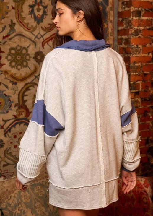 Brand: Bucket List Style# T2004 | Oversized Ladies French Terry Color Block Sweatshirt with Collar in Navy | Made in USA | Classy Cozy Cool Women's Made in America Clothing Boutique