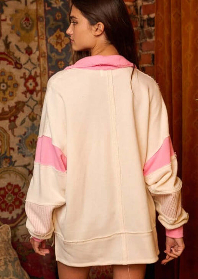Brand: Bucket List Style# T2004 | Oversized Ladies French Terry Color Block Sweatshirt with Collar in Pink & Cream | Made in USA | Classy Cozy Cool Women's Made in America Clothing Boutique