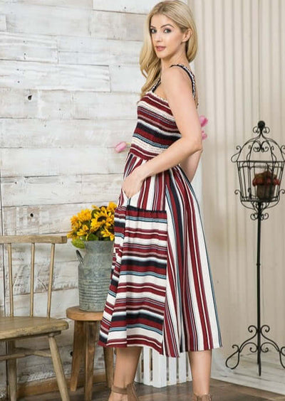 Made in USA Ladies Smocked Bodice Fit & Flair Dress with Side Pockets, Square Neckline, Shoulder Straps, Vertical & Horizontal Contrast Stripes | Colors in this Dress: Black, Burgundy, Off White, Slate Blue