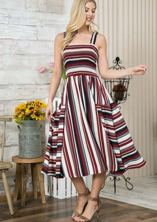 Made in USA Ladies Smocked Bodice Fit & Flair Dress with Side Pockets, Square Neckline, Shoulder Straps, Vertical & Horizontal Contrast Stripes | Colors in this Dress: Black, Burgundy, Off White, Slate Blue