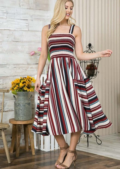 Made in USA Ladies Smocked Bodice Fit & Flair Dress with Side Pockets, Square Neckline, Shoulder Straps, Vertical & Horizontal Contrast Stripes | Colors in this Dress: Black, Burgundy, Off White, Slate Blue