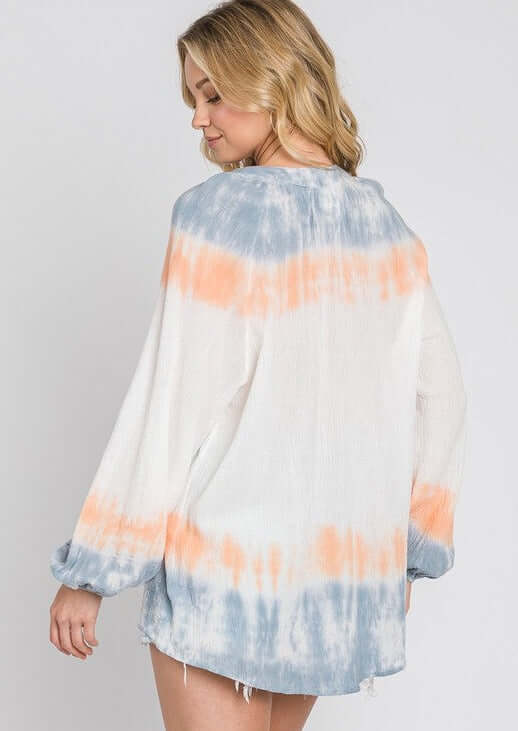 USA Made Premium Ladies Cotton Gauze Oversized Tie Dye Color Block Blouse in White with Blue & Peach Colors | Classy Cozy Cool Women's Made in America Clothing Boutique