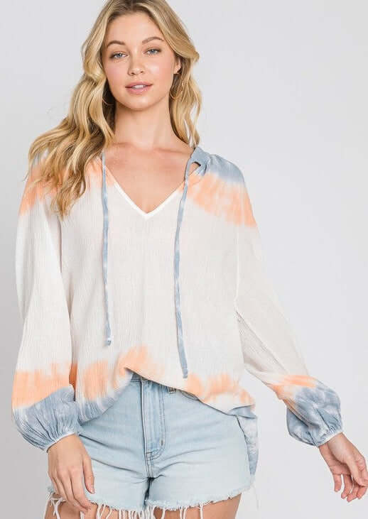 USA Made Premium Ladies Cotton Gauze Oversized Tie Dye Color Block Blouse in White with Blue & Peach Colors | Classy Cozy Cool Women's Made in America Clothing Boutique