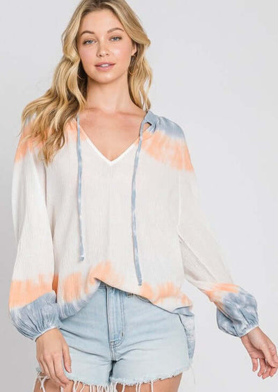 USA Made Premium Ladies Cotton Gauze Oversized Tie Dye Color Block Blouse in White with Blue & Peach Colors | Classy Cozy Cool Women's Made in America Clothing Boutique