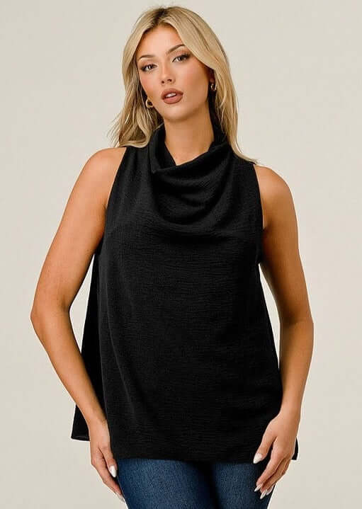 Ladies Black Satin Cowl Neck Sleeveless Jersey Blouse  | Made in USA | Classy Cozy Cool Women's Made in America Clothing Boutique