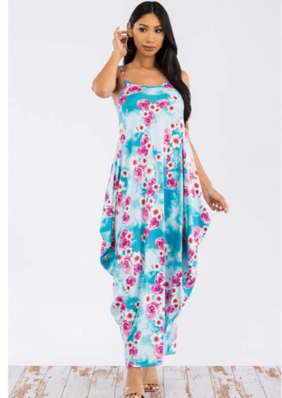 Ladies Floral Tropical Resort Maxi Cami Dress With Pockets in Turquoise & Fuchsia | Made in USA | Classy Cozy Cool Women's Made in America Boutique