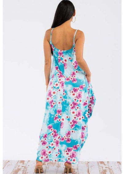Ladies Floral Tropical Resort Maxi Cami Dress With Pockets in Turquoise & Fuchsia | Made in USA | Classy Cozy Cool Women's Made in America Boutique