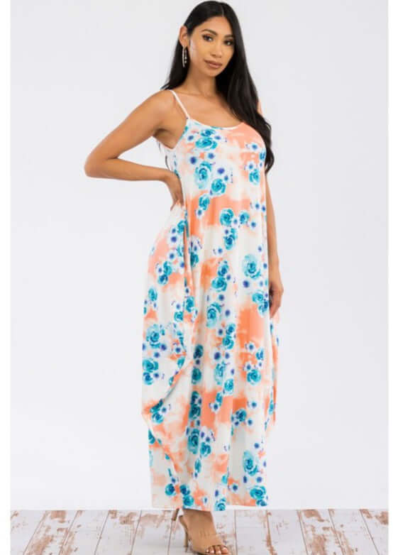 Ladies Floral Tropical Resort Maxi Cami Dress With Pockets in Turquoise & Peach | Made in USA | Classy Cozy Cool Women's Made in America Boutique