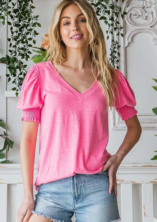 Ladies V-Neck Puff Sleeve Soft Tri-Blend Material Longer Length Fuchsia Pink Top | Made in USA | Classy Cozy Cool Women's Made in America Clothing Boutique