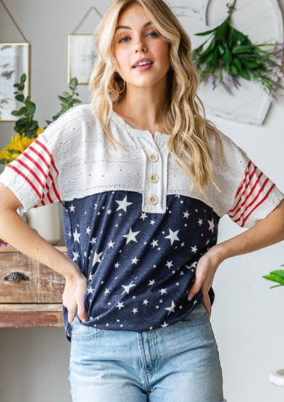 Made in USA Ladies Mixed Fabric Button Detail Stars & Stripes Patriotic Shirt | Classy Cozy Cool Women's Made in America Boutique