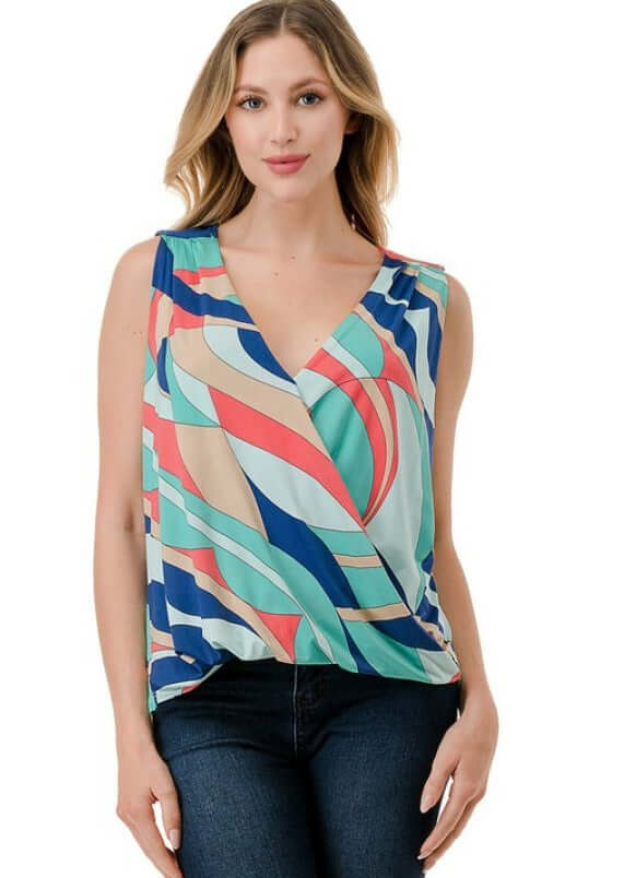 Ladies Made in USA Surplice Design Dressy V-Neck Blouse in Colorful Abstract Print | Classy Cozy Cool Made in America Boutique