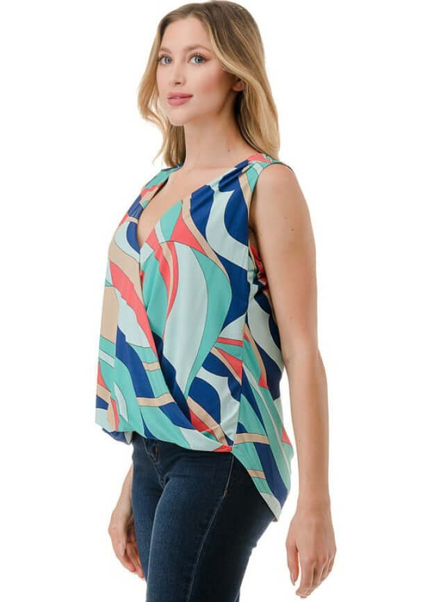 Ladies Made in USA Surplice Design Dressy V-Neck Blouse in Colorful Abstract Print | Classy Cozy Cool Made in America Boutique