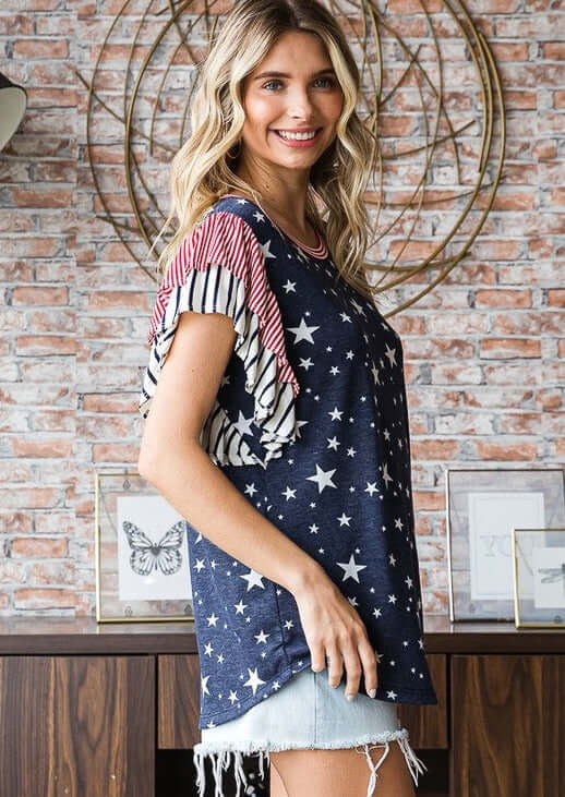 Made in USA 4th of July Ladies Double Ruffle Flutter Cap Sleeves Patriotic Top Shirt in Red White & Blue with Stars & Stripes Design | Classy Cozy Cool Women's Made in America Boutique