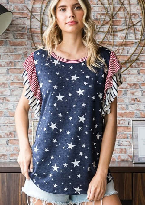 Made in USA 4th of July Ladies Double Ruffle Flutter Cap Sleeves Patriotic Top Shirt in Red White & Blue with Stars & Stripes Design | Classy Cozy Cool Women's Made in America Boutique