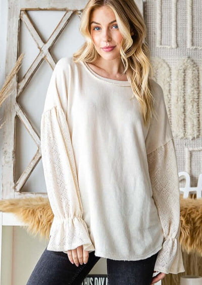 USA Made Ladies' Relaxed Fit Lace Bishop Sleeve French Terry Tunic in Cream | Classy Cozy Cool Women's Made in America Clothing Boutique