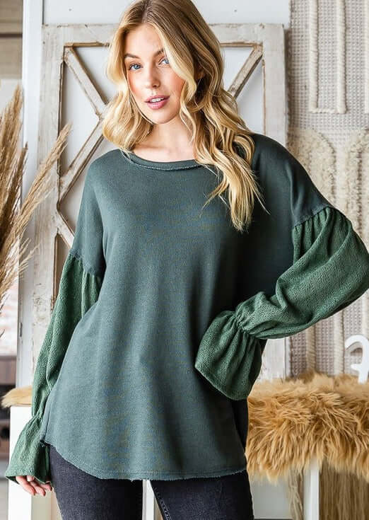 USA Made Ladies' Relaxed Fit Lace Bishop Sleeve French Terry Tunic in Olive | Classy Cozy Cool Women's Made in America Clothing Boutique