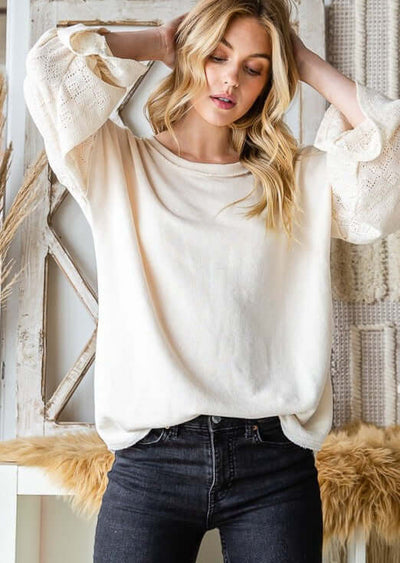 USA Made Ladies' Relaxed Fit Lace Bishop Sleeve French Terry Tunic in Cream | Classy Cozy Cool Women's Made in America Clothing Boutique