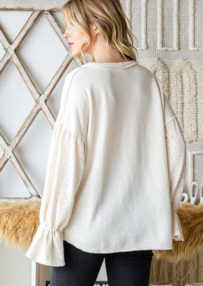 USA Made Ladies' Relaxed Fit Lace Bishop Sleeve French Terry Tunic in Cream | Classy Cozy Cool Women's Made in America Clothing Boutique