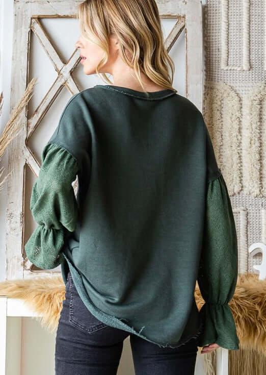 USA Made Ladies' Relaxed Fit Lace Bishop Sleeve French Terry Tunic in Olive | Classy Cozy Cool Women's Made in America Clothing Boutique