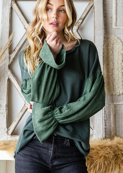 USA Made Ladies' Relaxed Fit Lace Bishop Sleeve French Terry Tunic in Olive | Classy Cozy Cool Women's Made in America Clothing Boutique