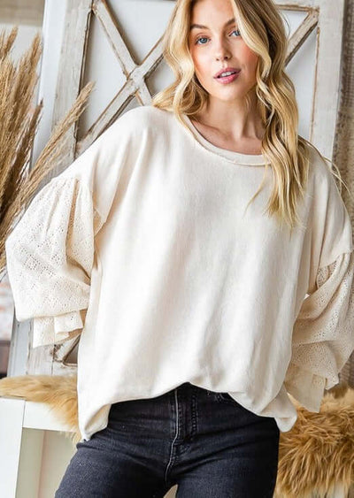 USA Made Ladies' Relaxed Fit Lace Bishop Sleeve French Terry Tunic in Cream | Classy Cozy Cool Women's Made in America Clothing Boutique