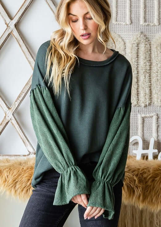 USA Made Ladies' Relaxed Fit Lace Bishop Sleeve French Terry Tunic in Olive | Classy Cozy Cool Women's Made in America Clothing Boutique