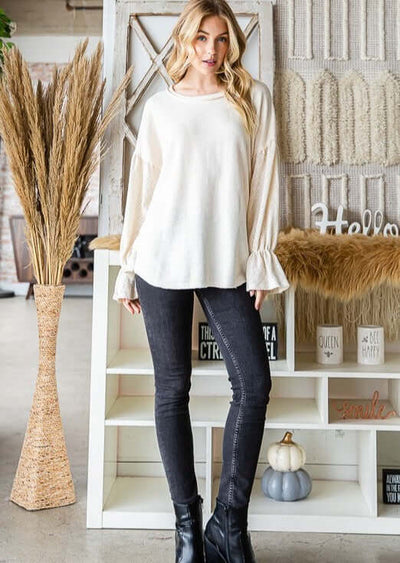 USA Made Ladies' Relaxed Fit Lace Bishop Sleeve French Terry Tunic in Cream | Classy Cozy Cool Women's Made in America Clothing Boutique