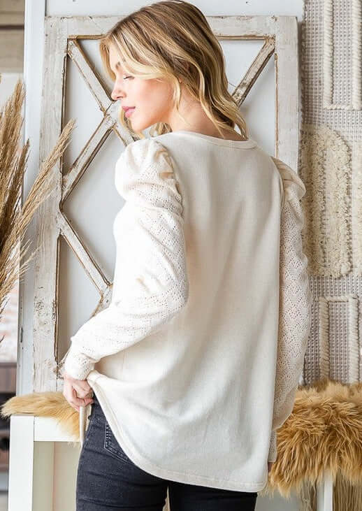 USA Made Ladies' Very Soft Lace Long Sleeve Super Soft Top in Cream with Puff Shoulder | Classy Cozy Cool Women's Made in America Clothing Boutique